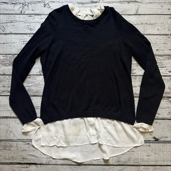 Adrianna Papell Women’s Ruffle Neck Twofer Sweater - Black & White, Size M - Picture 1 of 8